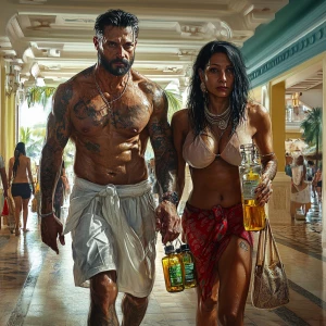 realism-photo fantasy,A sweaty tattoed muscular  man walking wit...