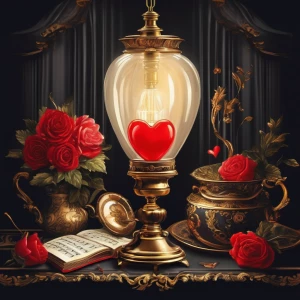 A lamp in a dark room with a red heart and music playing