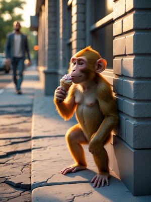 A scene depicting a small monkey with subtly orange fur, standin...