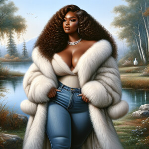 Craft a 4K glossy oil painting portraying a regal, plus-size Afr...