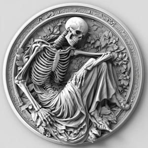 Design a high-contrast grayscale 3d bas relief of death, The composition should be circular like a coin emblem, designed for CNC routing with balanced lighting to accentuate fine details, sharp edges, and distinct textures. Employ deep shadows and strong highlights to define planes and surfaces clearly.