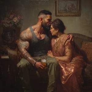Realism,  painting.a muscular beefy sweaty tattoed indian man si...
