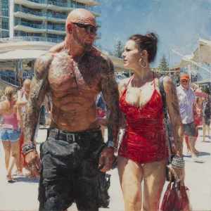 Hyperrealism,painting.a muscular beefy sweaty tattoed australian...