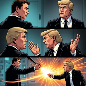 A dramatic comic book-style showdown between Elon Musk and Donal...