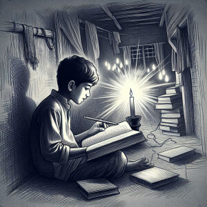 Draw a sketch of Pakitani village student reading in light of ca...