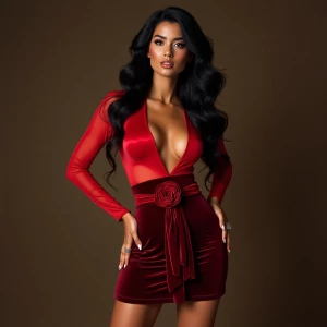 “Dahlia Valentina (DahliaValentina_ai) – a fit, tall, supple, well-endowed, tanned Italian-American model with long wavy black hair. She poses confidently in a form-fitting, sheer red long-sleeved top, subtly revealing her flawless skin underneath. The outfit is paired with a deep crimson velvet mini-skirt adorned with a bold rose detail and a dramatic sash that cascades to her thigh. Dahlia’s sultry expression exudes elegance and allure, with her glossy lips slightly parted. Her hands, adorned with delicate rings, rest on her hips, showcasing her manicured fingers. Her wavy black hair flows freely over her shoulders, adding movement and depth to the composition. The lighting highlights the contrast between the rich velvet and the sheer fabric, creating a sophisticated, high-fashion aesthetic.”