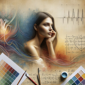 Abstract, minimalist, painting, with pencil line, paint, testers, colorful marks, mathematical equations, electrical cardiogram, printouts complex, math formulas