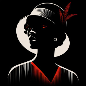 A glamorous 1920s lady, black and white silhouette style with red highlights, she is wearing a wide brim hat and sleek black dress. Show head and shoulders only. Black background