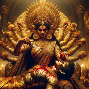 portrait of angry looking goddess durga sitting on a gold crown...