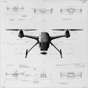 A detailed specification sheet for drone with callouts and dimensions, highly technical