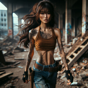 Thin Asian teen girl wearing tight jeans and a halter top Long brown hair and bangs, tattoos on her arms, athletic heroic pose