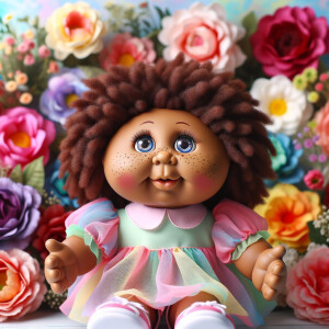 African-American cabbage patch doll with huge dimples, and freckles and flowers in the background