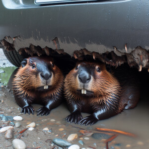 бобры сидят и грызут автомобиль ниссан задние арки