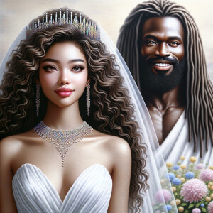 Create a 3-D realistic oil, painting of a beautiful African-American bride. She has long flooring, wavy hair and her gown has beautiful jewels around the neckline. in the background there is a beautiful African-American Jesus Christ with long dreadlocks, and he is smiling. He is very handsome pastel flowers throughout the image.