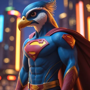 Create an ultra-detailed, cinematic-style 8K resolution image of a hybrid character that combines Superman and a bird, suitable for animation.