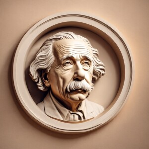 Head portrait of Einstein looking at the camera against a neutra...
