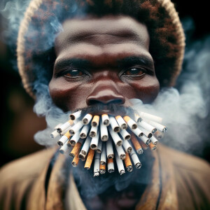 A African man with a handful of cigarettes in his mouth, surroun...