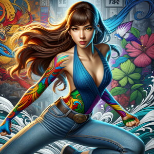 teenage girl, long brown hair and bangs, wearing tight skinny jeans and a halter top paint marks on her clothing, heroic pose Asian graffiti background, nearing on one knee