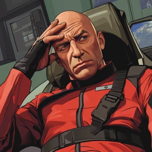 A bald, middle-aged man with visible wrinkles and a stern expres...