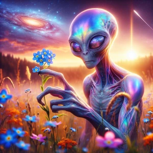 "Visualize an otherworldly being standing gracefully in a serene...