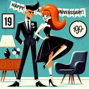 ‘Happy 19th Anniversary!’ 
A 60s mod vibe with a tan male with a...
