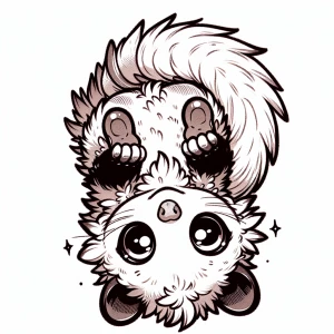 Cute anime-style chibi illustration of a possum hanging upside d...
