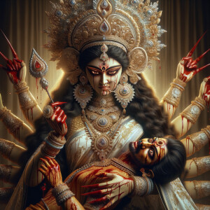 portrait of angry looking goddess durga  carrying a weak mahishasur in her arms and poking him with her amazingly long red fingernails. She is wearing a huge gold crown, white saree, abundant  gold jewelry, covered in blood. The scene is set in ancient India. The image is 8K resolution, cinematic, ultra detailed face and epic.