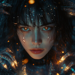 Create an ultra-realistic, eye-level portrait photo of a cosmic...