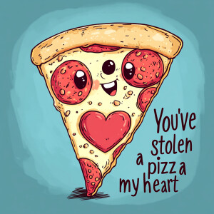 Cartoon-style pizza slice featuring heart-shaped pepperoni and a...