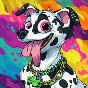 A cartoon-style anthropomorphic dog character with a white coat...