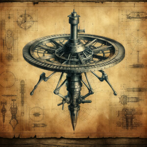 Aged parchment blueprint for a realistic alien probe, metal stic...