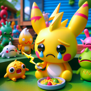 Pikachu заряжается от молнии и ест еду Ему грустно он с друзьями