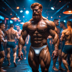 A hyper-realistic depiction of a muscular, mature bodybuilder ma...