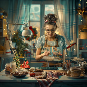 Photorealistic image. Woman making YouTube video of herself, mak...