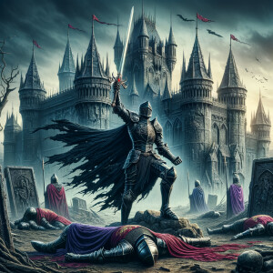 Black knight in front of undead castle in a victory pose with defeated red and purple knights laying on the ground