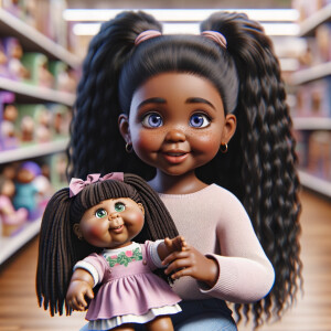 Create a 3-D realistic image of an African-American little girl above the age of five she has huge, blue eyes and thick long ponytails.
She is in a toy store and she is playing with her favorite african-American Cabbage Patch doll , the doll has deep, dimples and freckles