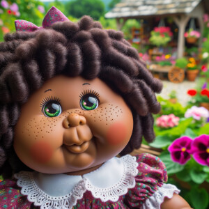 African-American cabbage patch doll with huge dimples, and freckles and flowers in the background