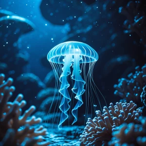 Cinematic film still. A bioluminescent jellyfish drifts through...