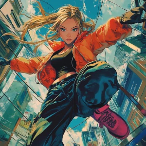 Create an anime-style music album cover featuring a dynamic, ene...