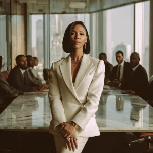 A powerful Black woman standing at the head of a modern, glass-w...