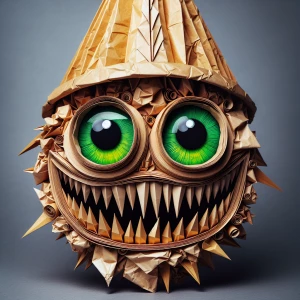Character that looks like its head is made of paper with giant g...