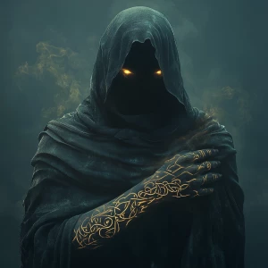 A shadowy enigmatic sorcerer, his form shrouded in darkness, exu...