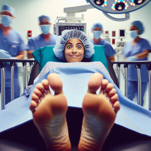 34 year old  Spanish woman wearing surgical bouffant cap laying...