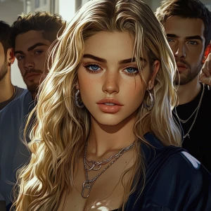 blonde with blue eyes, clear large oval plump elongated face, bi...