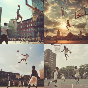 Vintage realistic photo of basketball street court, black people...