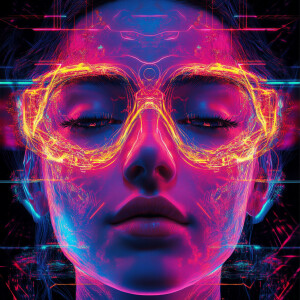 A straight-on portrait of a woman, framed by a glowing fractal p...