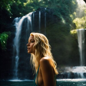 Describe a scene where a blonde woman in a vibrant bikini stands...