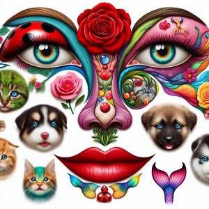 Generate an image of a surreal face that includes: a ladybug as...