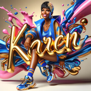 3D writing name "KAREN" bold glossy gold. There is a beautiful African-American latino woman, smiling with a black and blonde pixie cut hairdo,blue and gold trendy jacket and outfits in blue, pink, and gold tones, sport shoes, sitting under the name. Her outfits are glossy. dynamic color explosion background, of pink, blue, gold colors, splashed on white wall