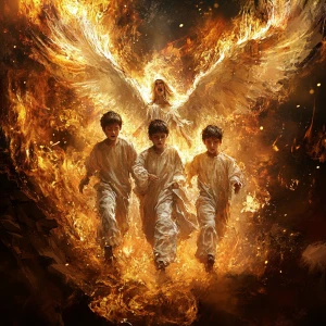 Create image of three Hebrew boys and an angel surrounded by flames but are unharmed